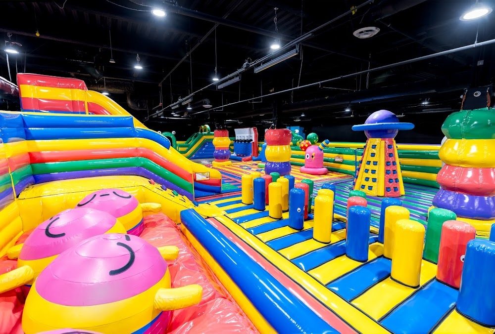Colorful inflatable park at FUNBOX Houston