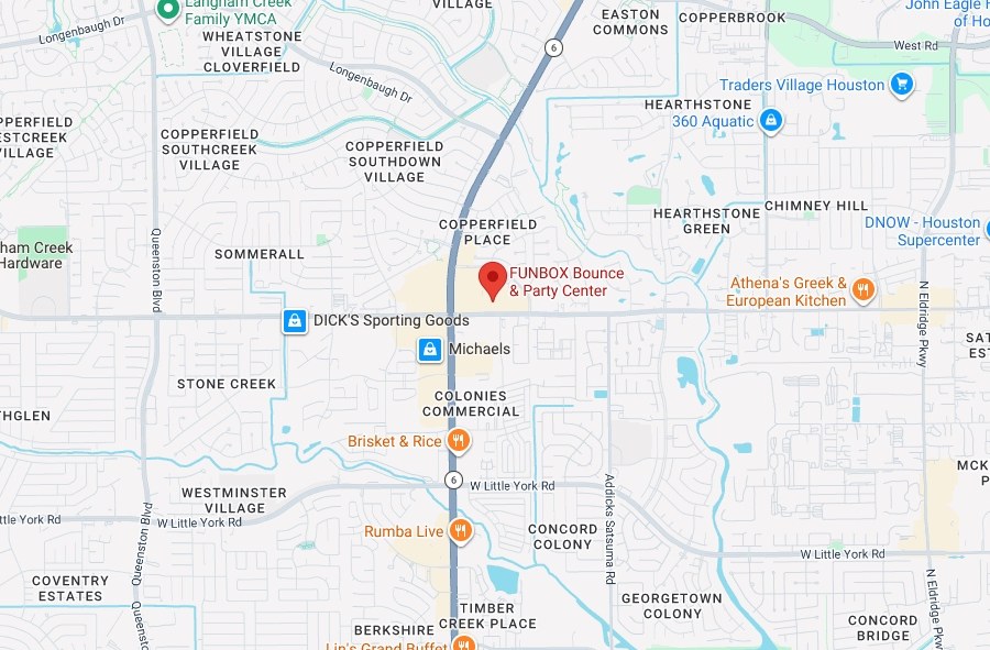Map showing FUNBOX Bounce & Party Center at 15540 FM 529, Houston, TX 77095, on Highway 6 N